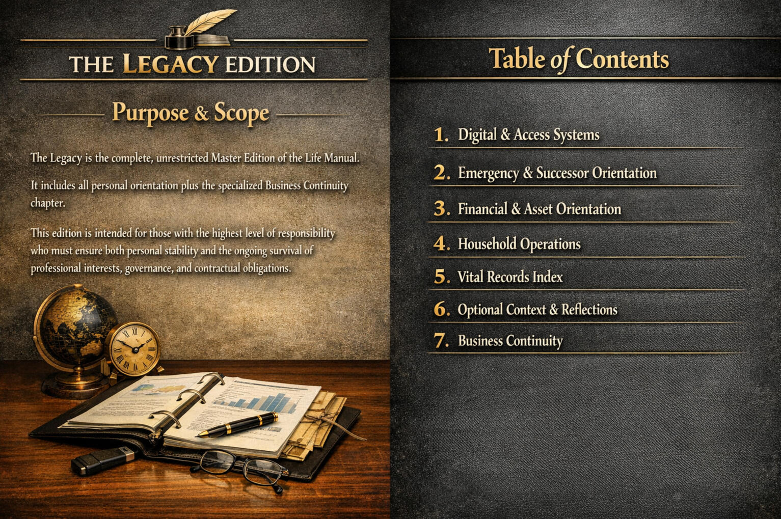 Life Manual - Digital & Access Systems, Emergency & Successor Orientation, Financial & Asset Orientation, Household Operations, Vital Records Index, Optional Context & Reflections, Business Continuity
