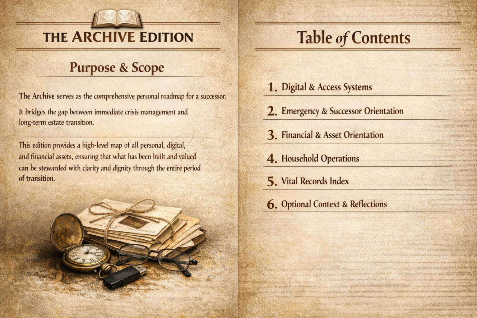 Life Manual - Digital & Access Systems, Emergency & Successor Orientation, Financial & Asset Orientation, Household Operations, Vital Records Index, Optional Context & Reflections
