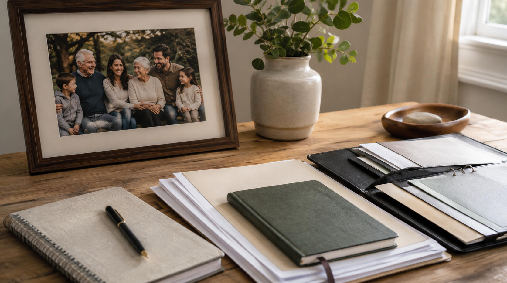 Framed family photo beside organized papers, folders, and notebooks on a wooden table, representing practical information someone else could use if needed.