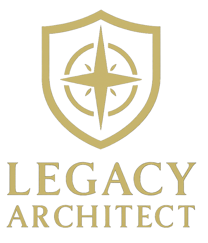 Legacy Architect logo featuring a gold shield and compass rose, symbolizing privacy, guidance, and trust.