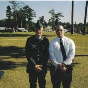 Vintage outdoor photo of Craig Rothchild and his best friend Dane Cauthorn standing together.