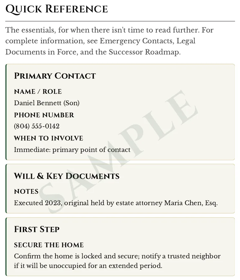 Part of a sample Quick Reference page from a Life Manual