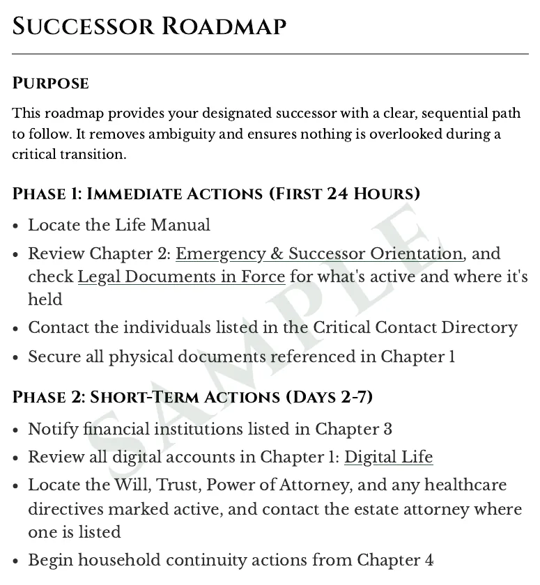 Part of a sample Successor Roadmap page from a Life Manual