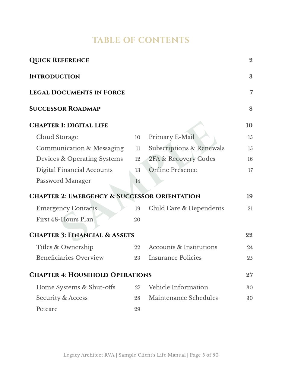 Life Manual table of contents sample page
